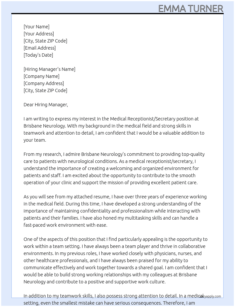 Medical receptionist/ Secretary At Brisbane Neurology Cover Letter