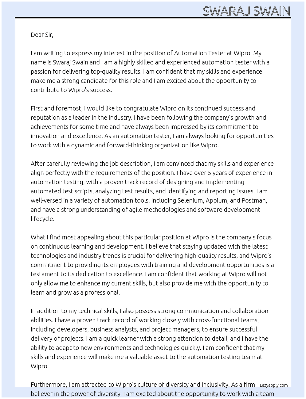 automation tester At wipro Cover Letter