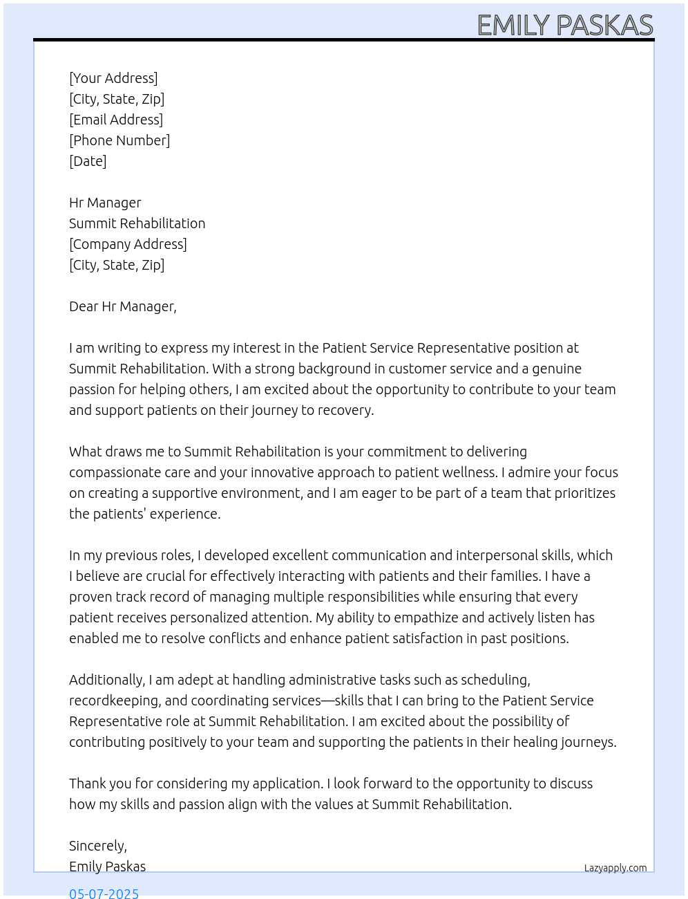 Patience Service Represenative At Summit Rehabilitation  Cover Letter