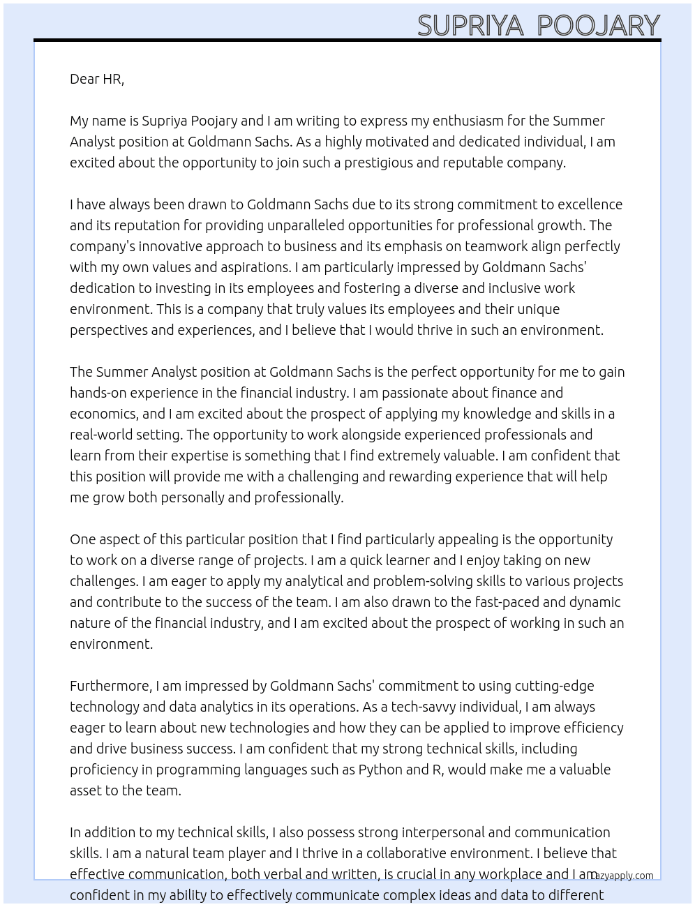 Summer Analyst At Goldmann Sachs Cover Letter