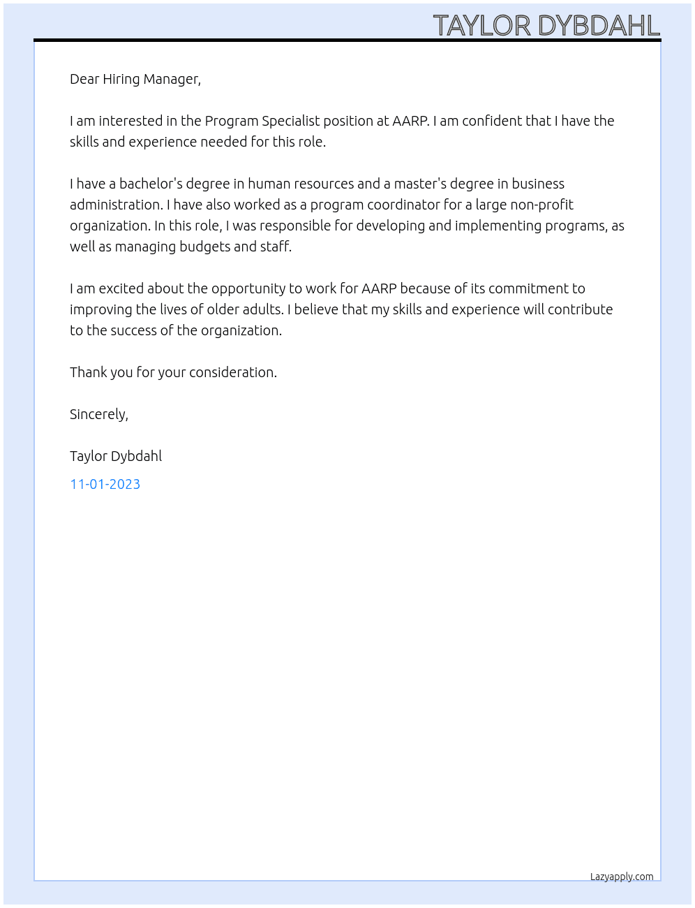 Program Specialist At AARP Cover Letter