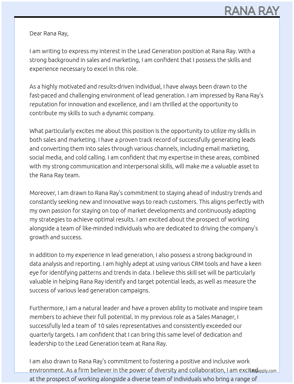 Lead Generation At rana ray Cover Letter