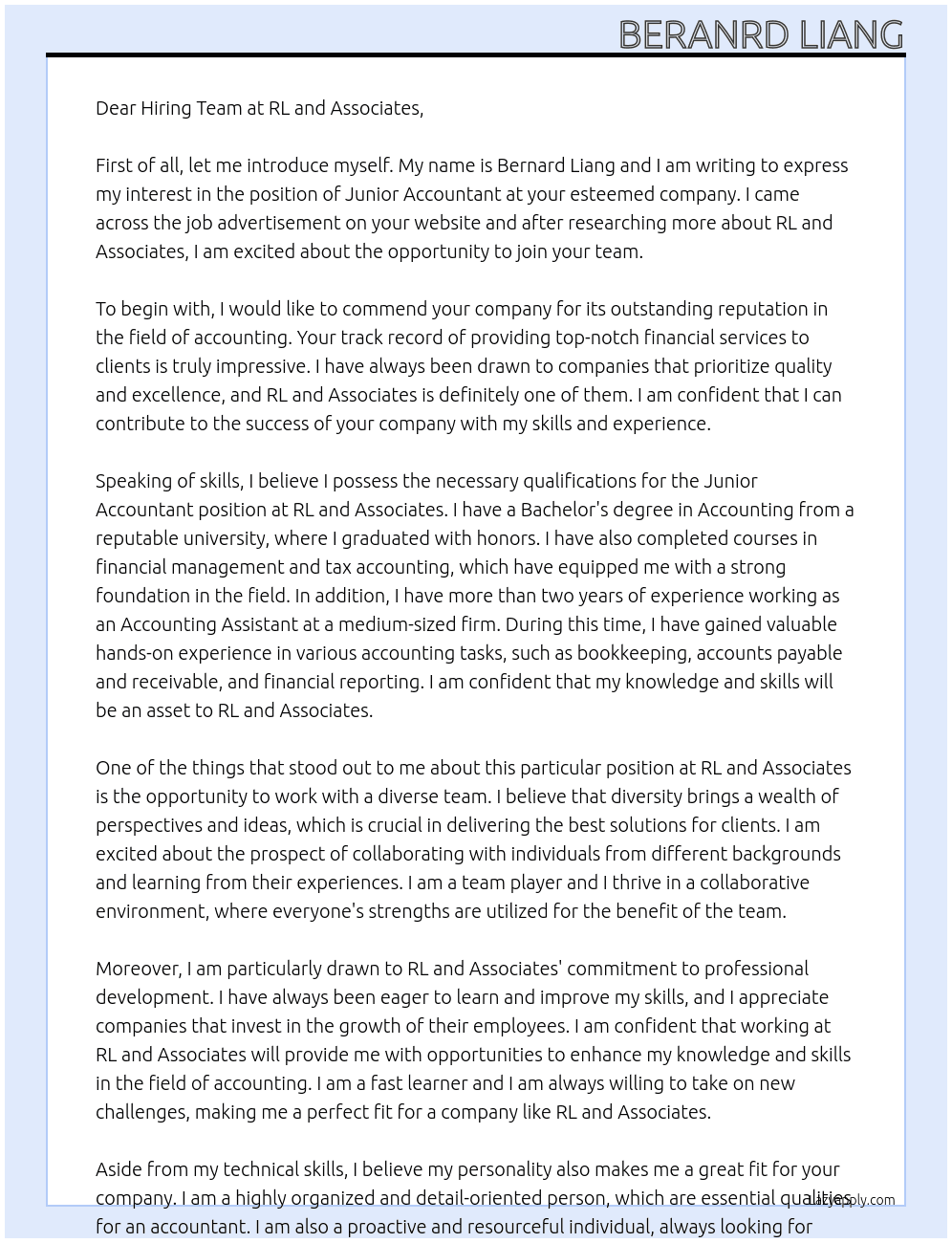 Junior Accountant  At RL and Associates Cover Letter
