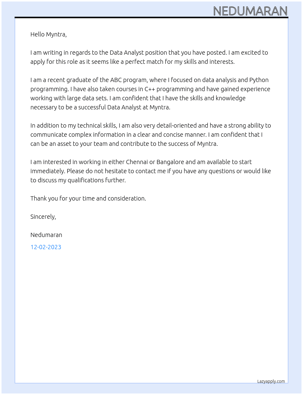Data Analyst At Unstop Cover Letter