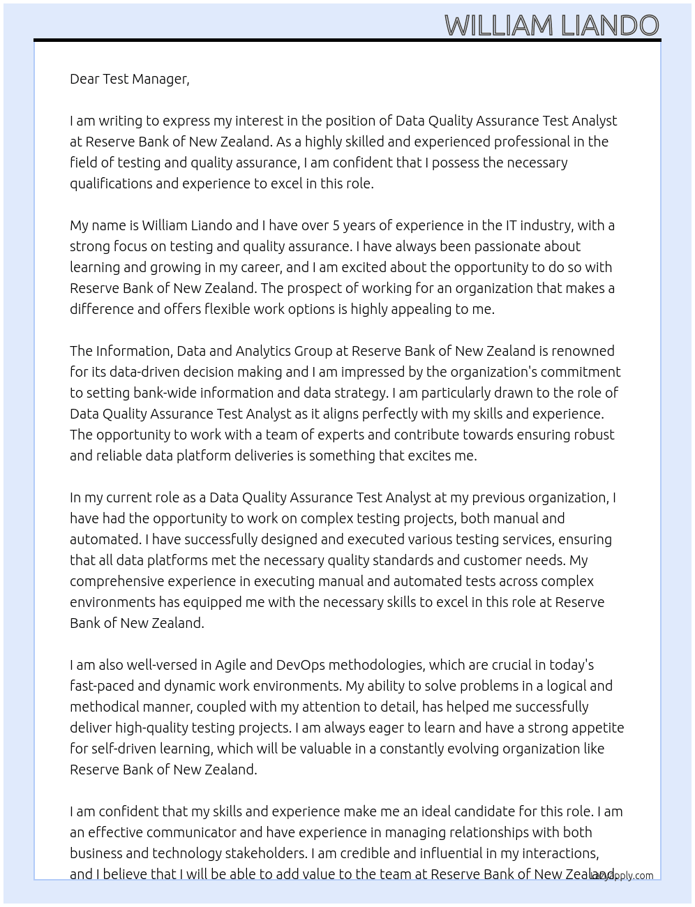 Data Quality Assurance Test Analyst At Reserve Bank of New Zealand Cover Letter