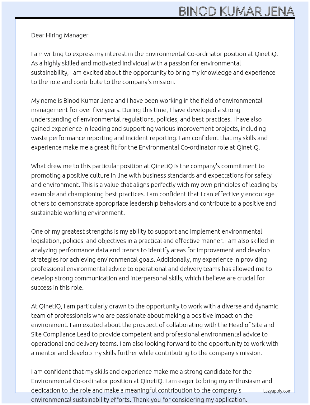 Environmental co-ordinator At QinetiQ Cover Letter
