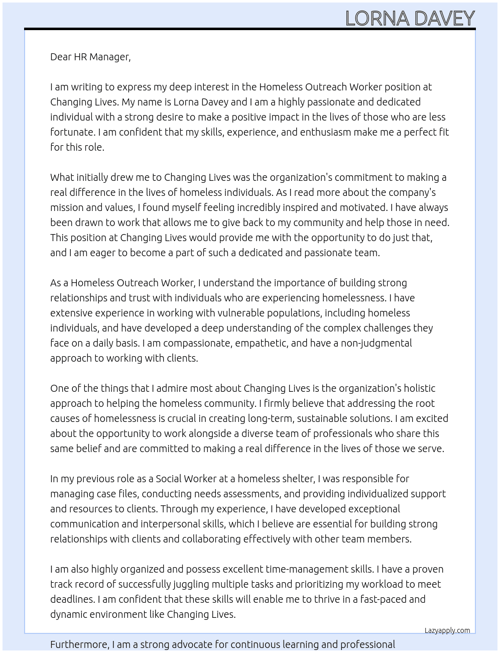 Homeless Outreach Worker At Changing Lives  Cover Letter