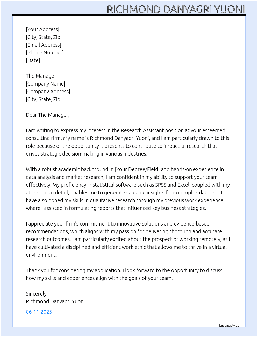 Research Assistant Remote At consulting industry Cover Letter