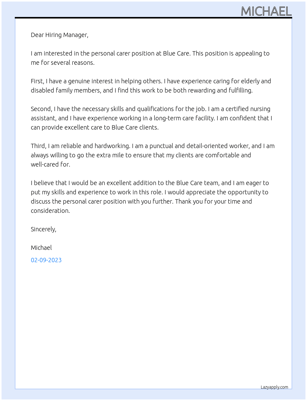 Personal Carer At Blue Care Cover Letter