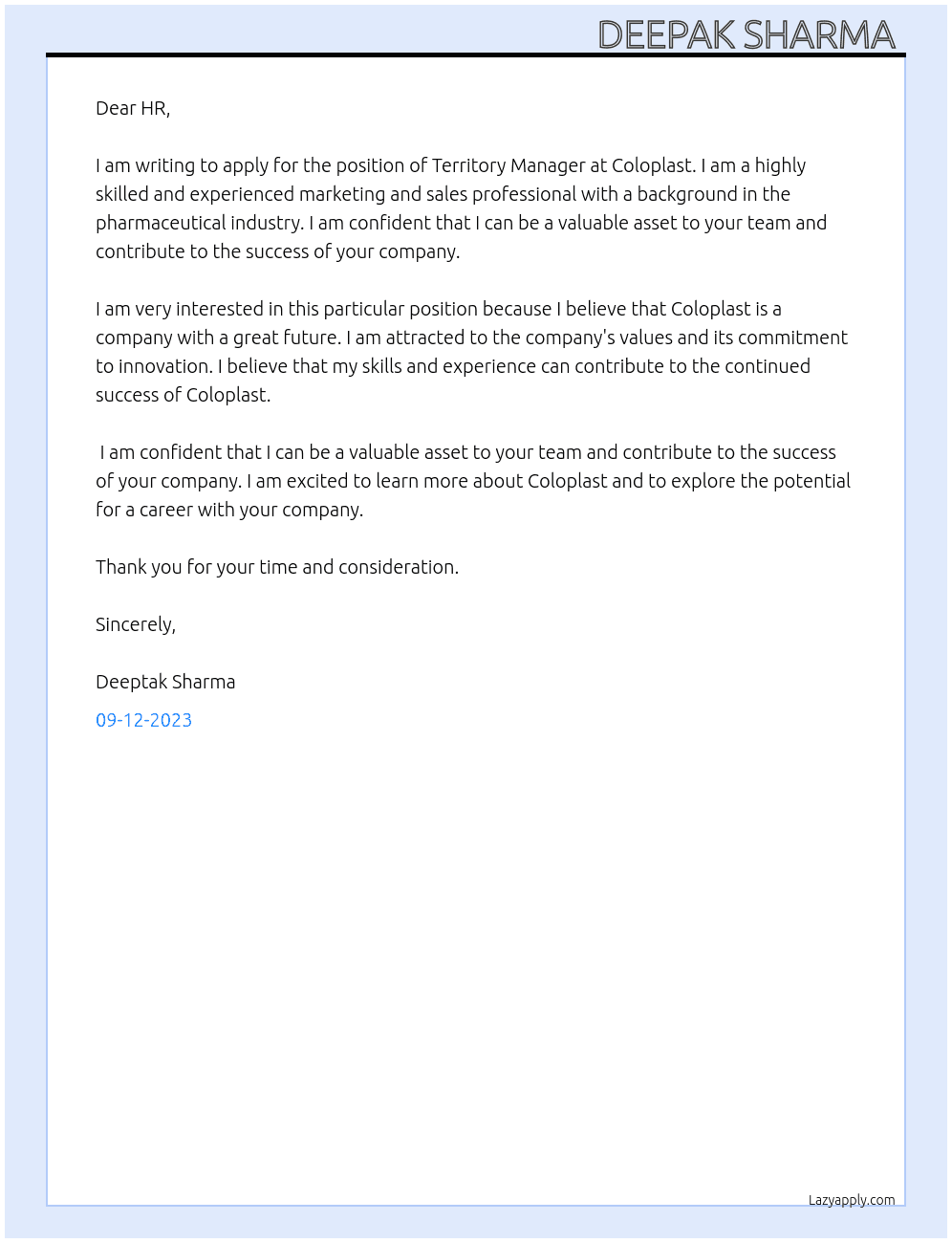Territory Manager At COLOPLAST  Cover Letter