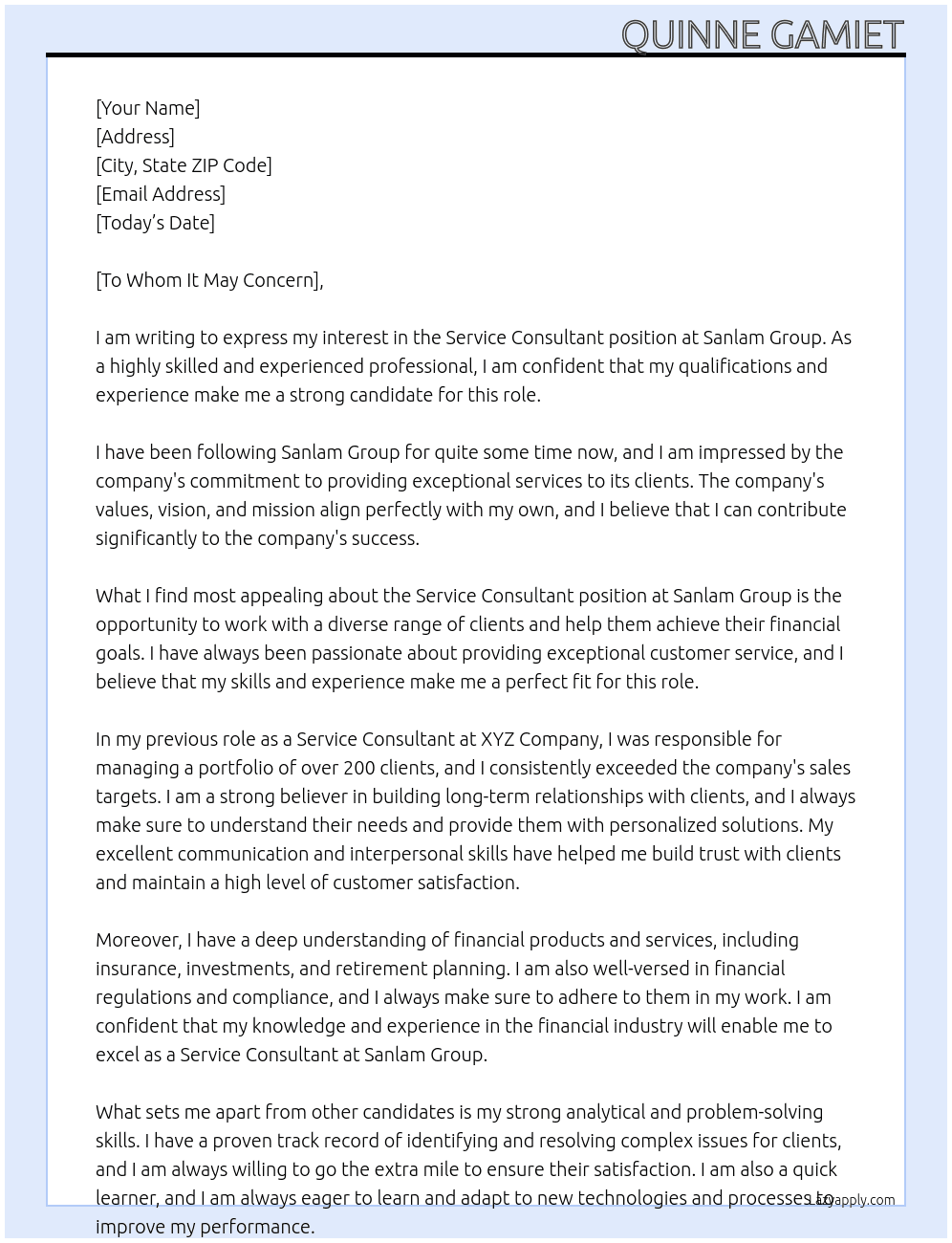 Service Consultant  At Sanlam Group  Cover Letter