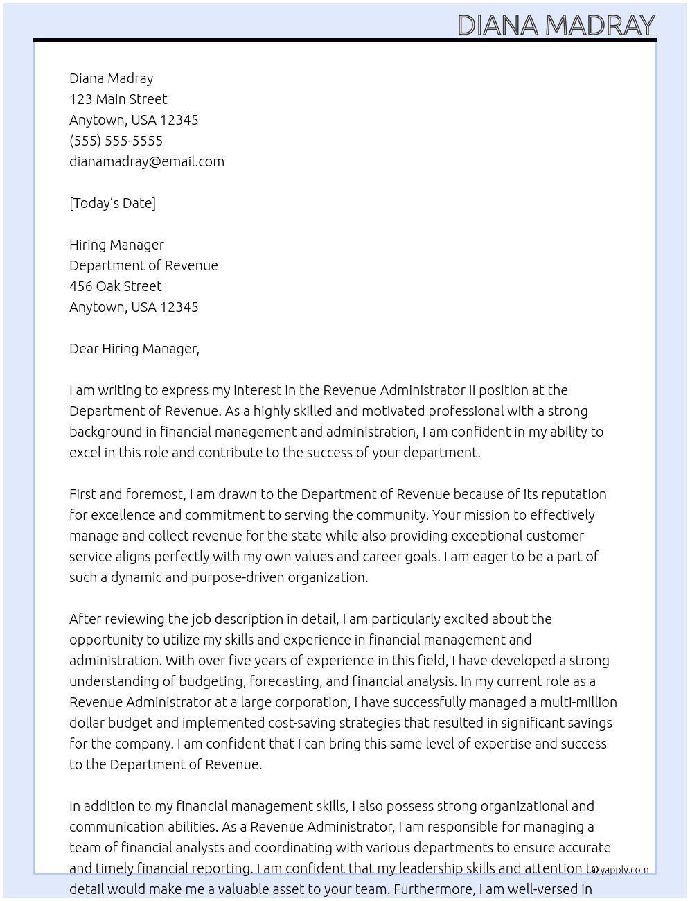 Revenue Administrator II  At Department Of Revenue Cover Letter