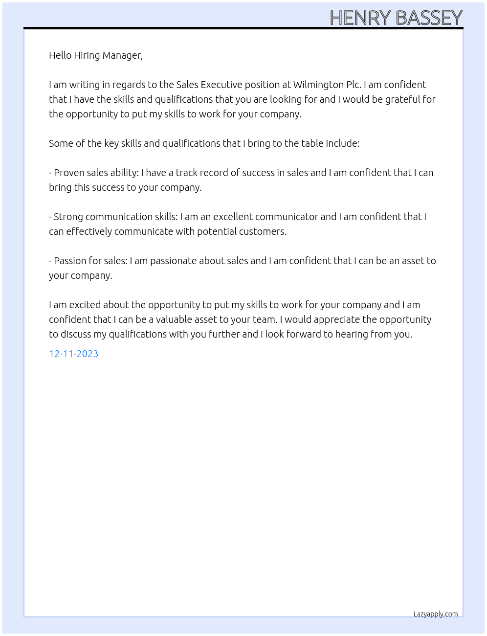 Sale Executive At Wilmington Plc Cover Letter