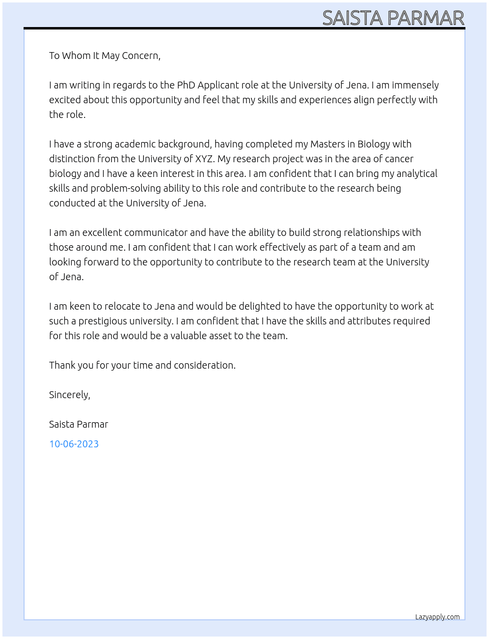 Prospective PhD Applicant At university of jena Cover Letter