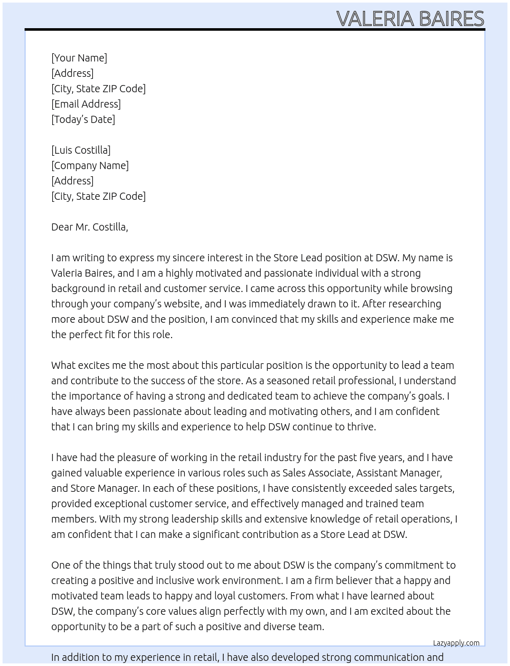 Store Lead  At DSW Cover Letter