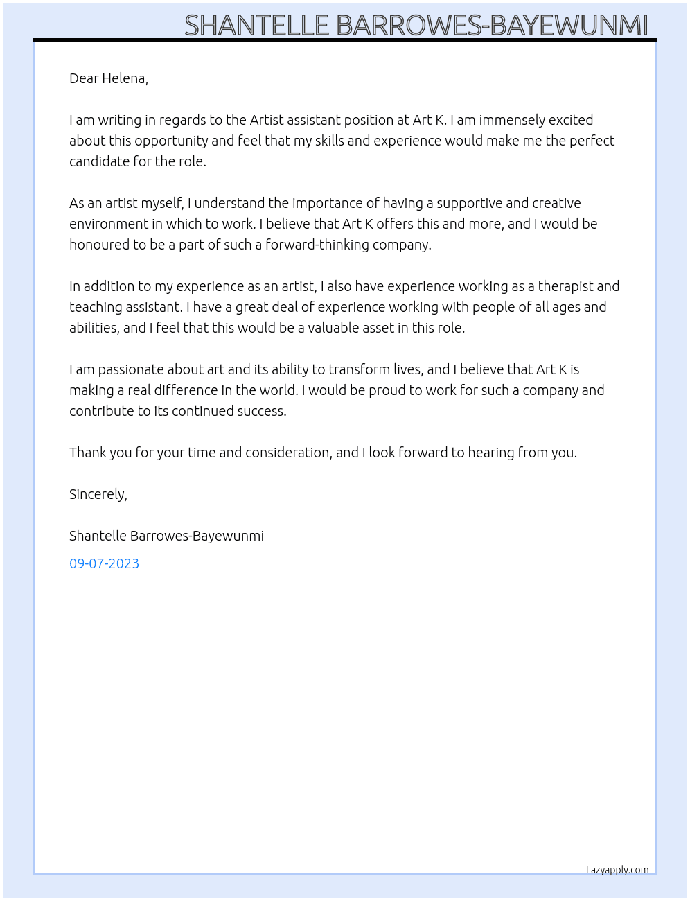 Artist assistant  At Art K Cover Letter
