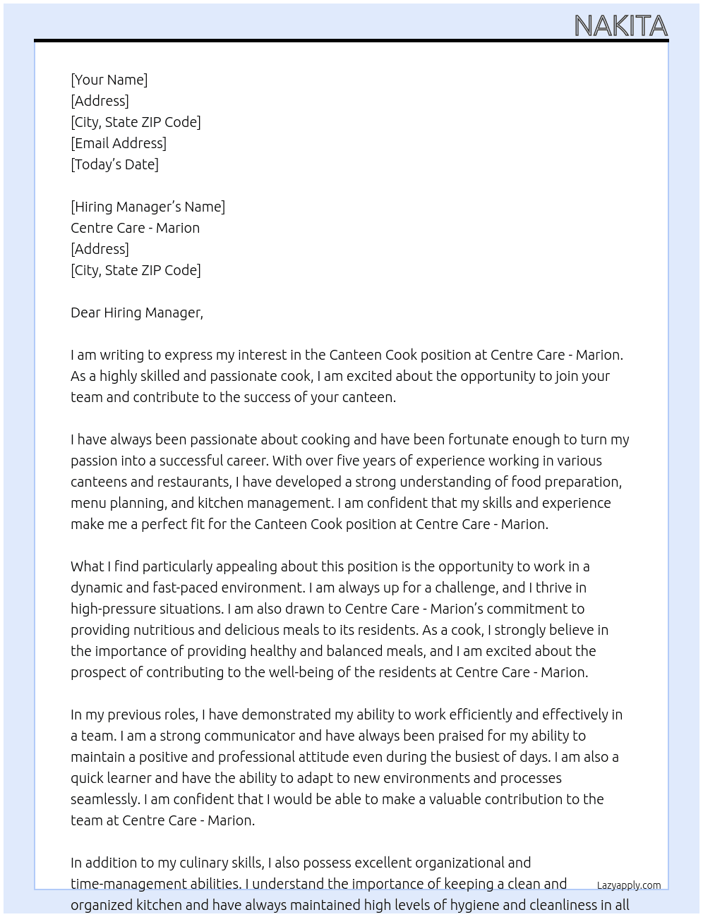Canteen Cook  At Centre Care - Marion Cover Letter