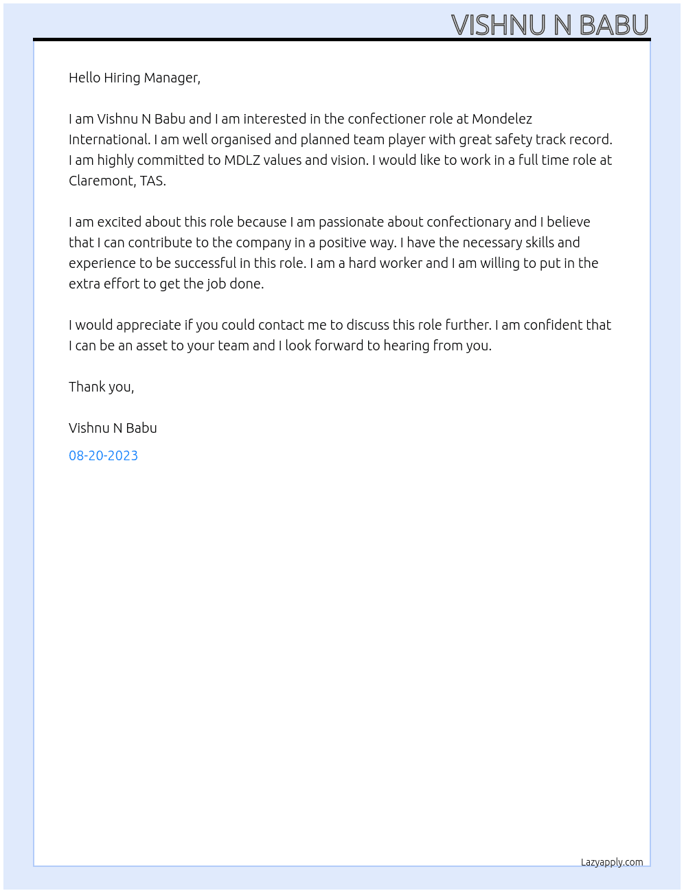 Confectioner At Mondelez international Cover Letter