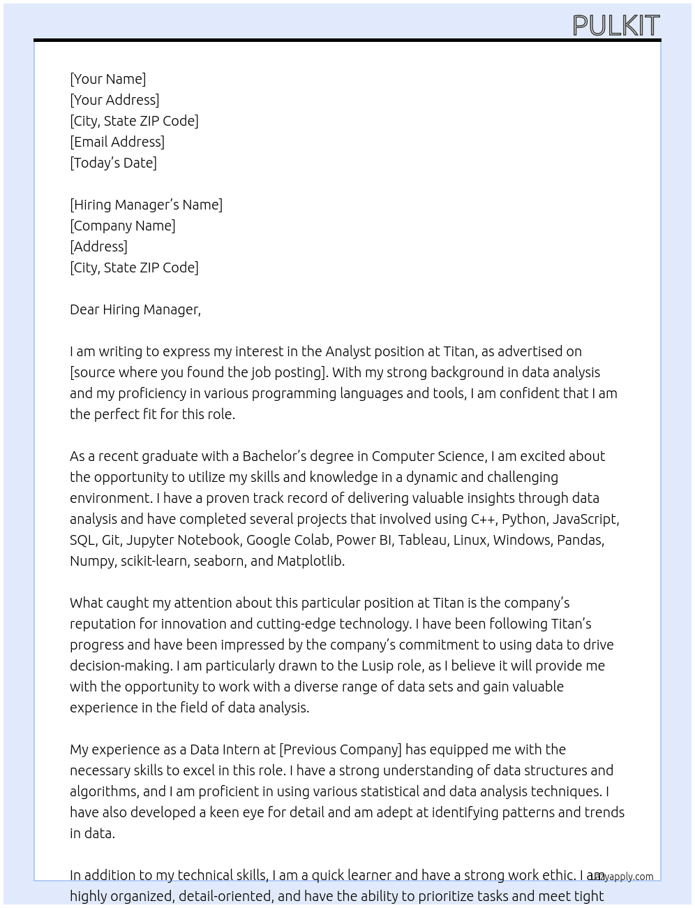 Analyst At Titan Cover Letter