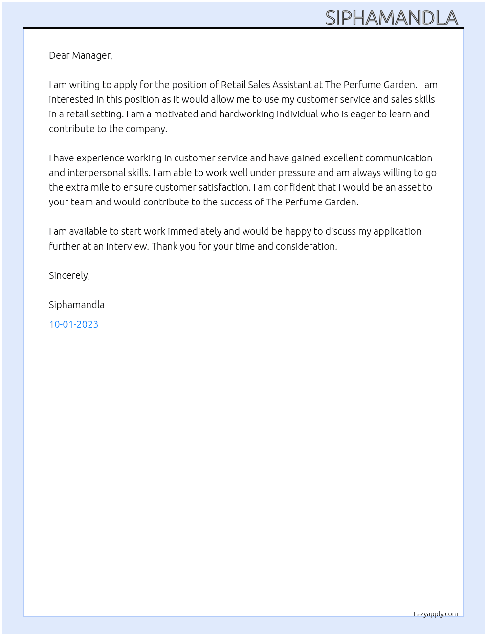 Ratail sales assistant  At The Perfume Garden  Cover Letter