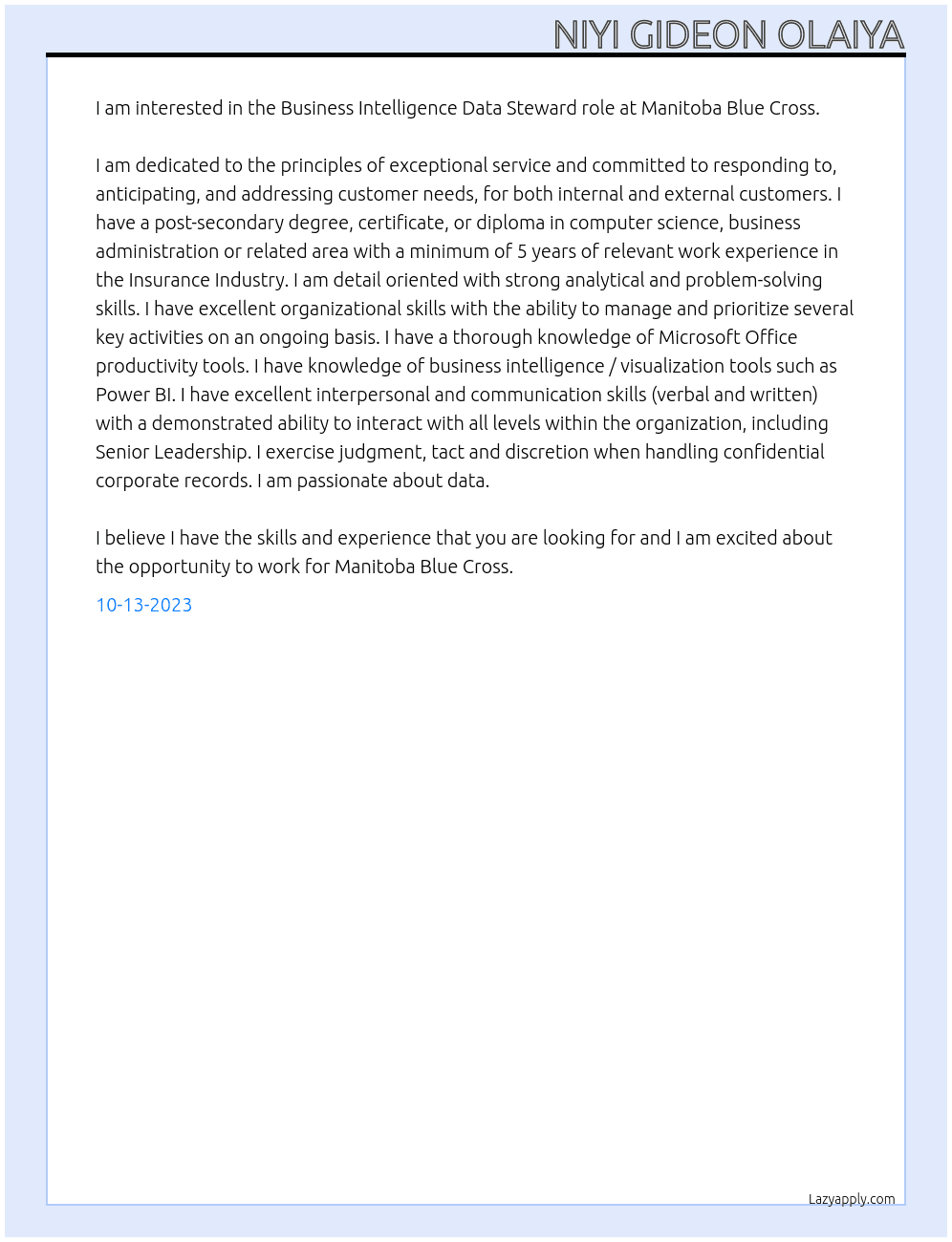 Business Intelligence Data Steward At Manitoba Blue Cross Cover Letter