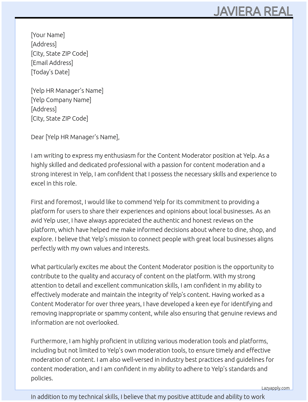 Content Moderator At Yelp Cover Letter