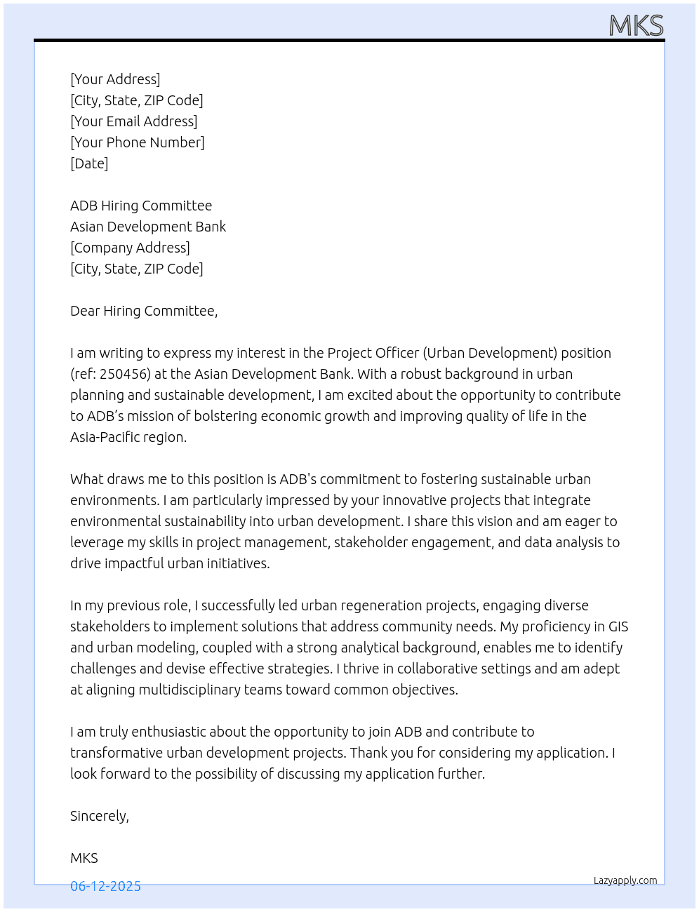 project officer (urban development)-250456 At Asian Development Bank Cover Letter