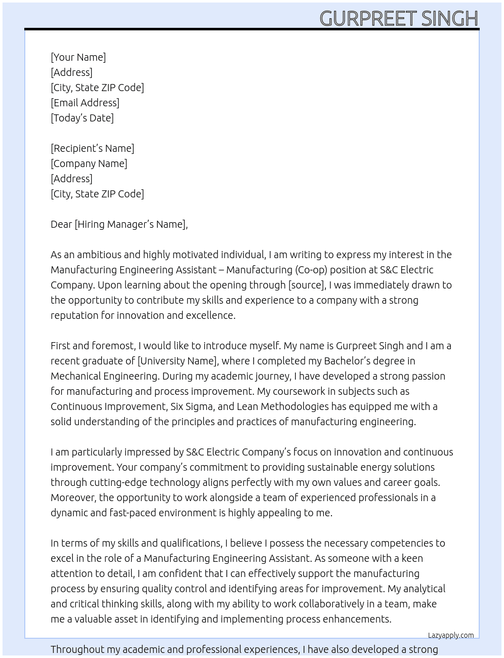 Manufacturing Engineering Assistant - Manufacturing (Co-op) At S&C Electric Company Cover Letter