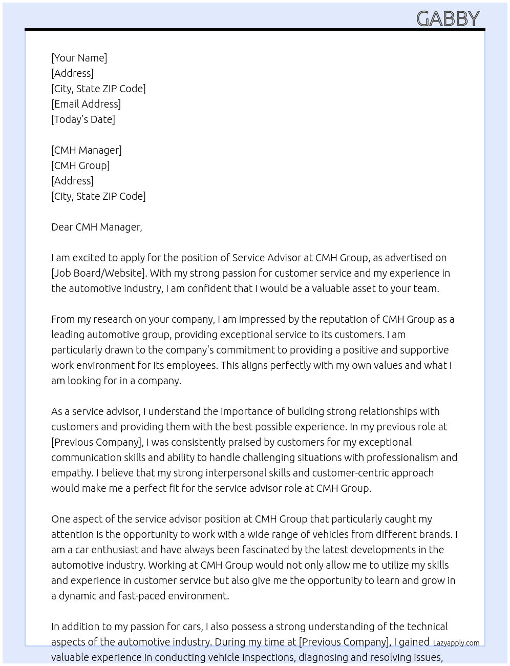service advisor At CMH Group Cover Letter