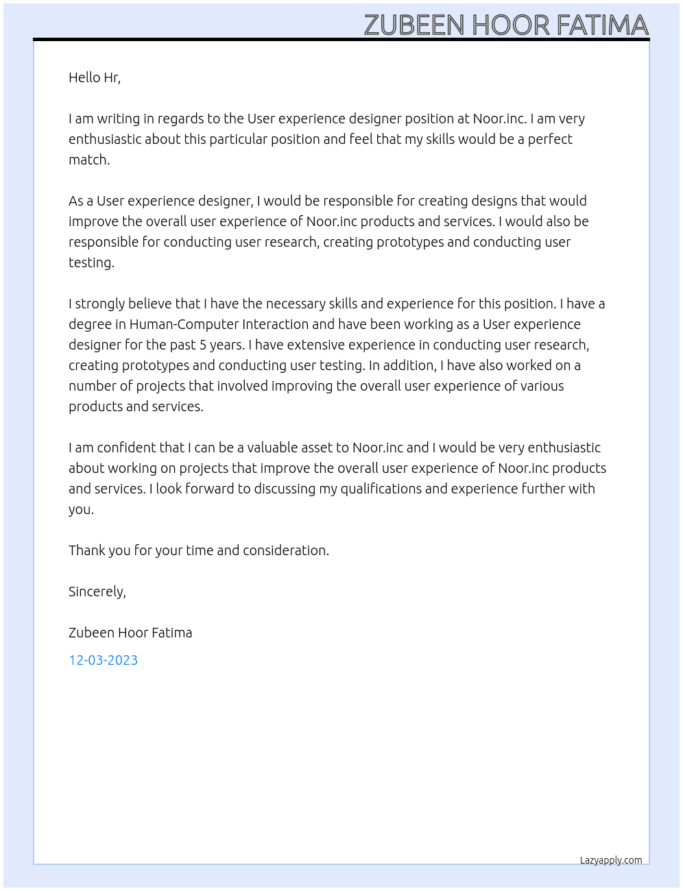 User experience designer At Noor.inc Cover Letter