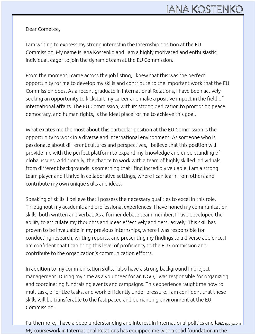 Internship At EU Commision Cover Letter