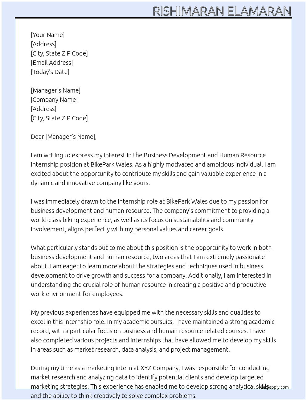Business Development And Human Resource Internship At BikePark Wales  Cover Letter