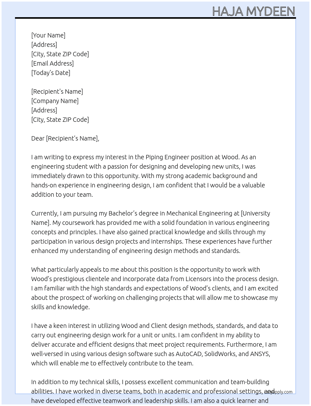 Piping Engineer  At Wood Cover Letter