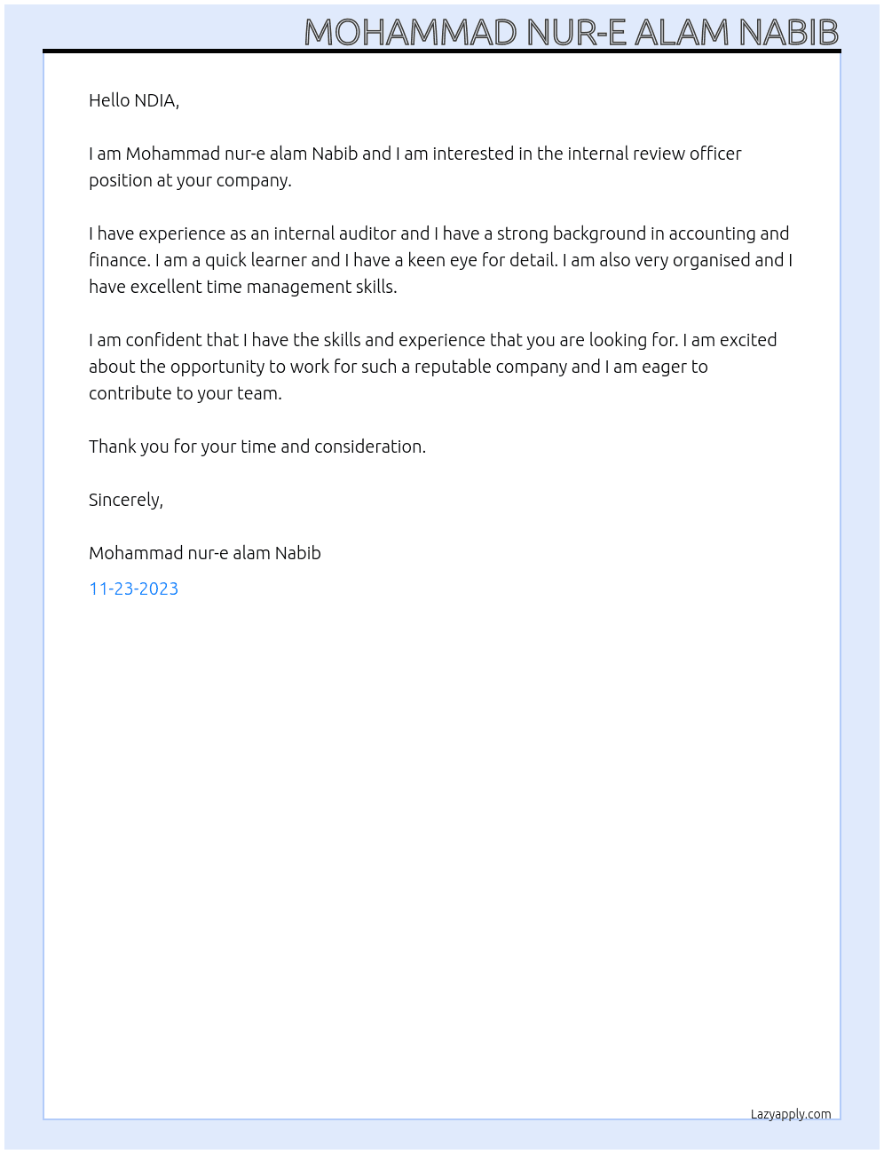Internal review officer At NDIA Cover Letter