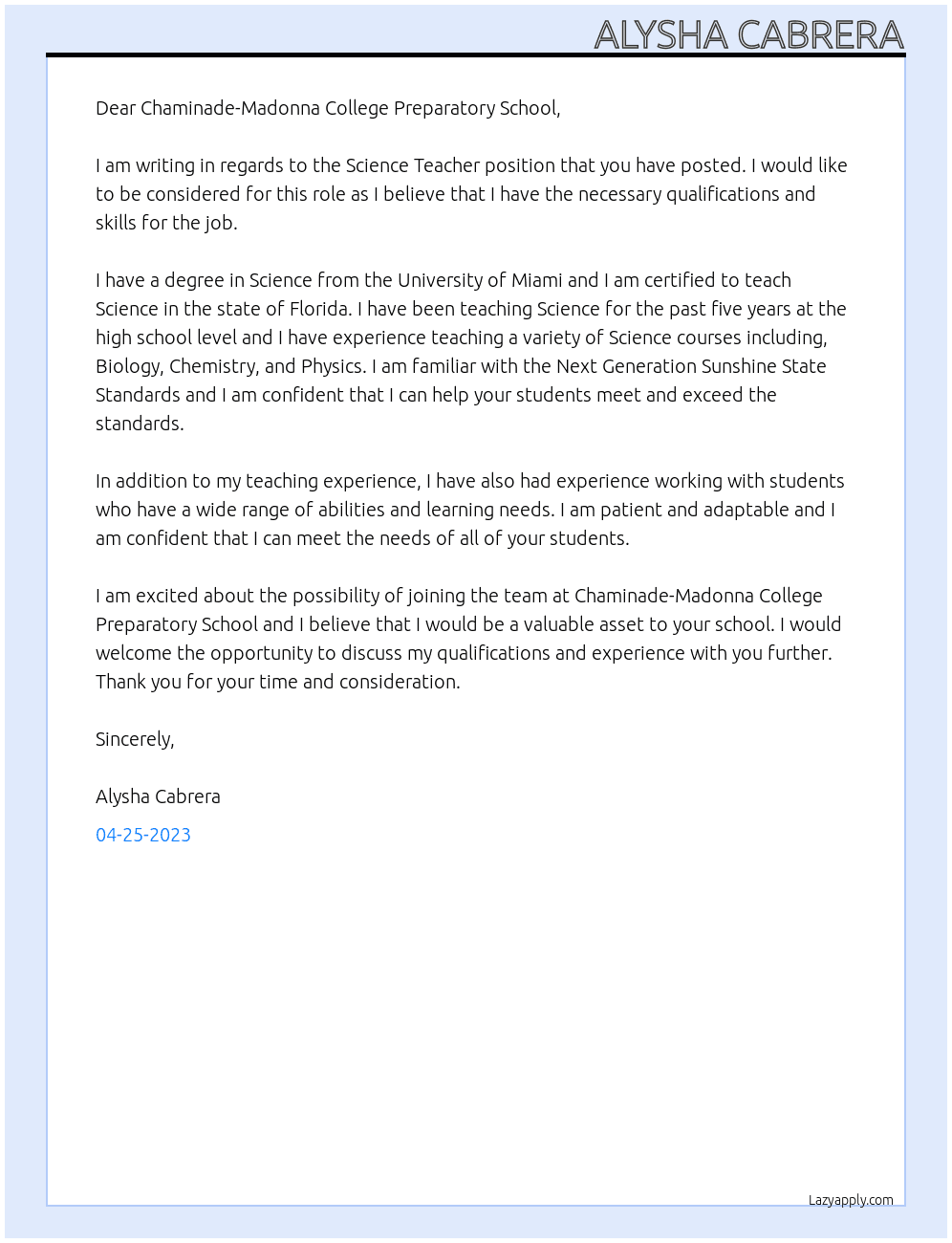 Science Teacher At Chaminade-Madonna College Preparatory School Cover Letter