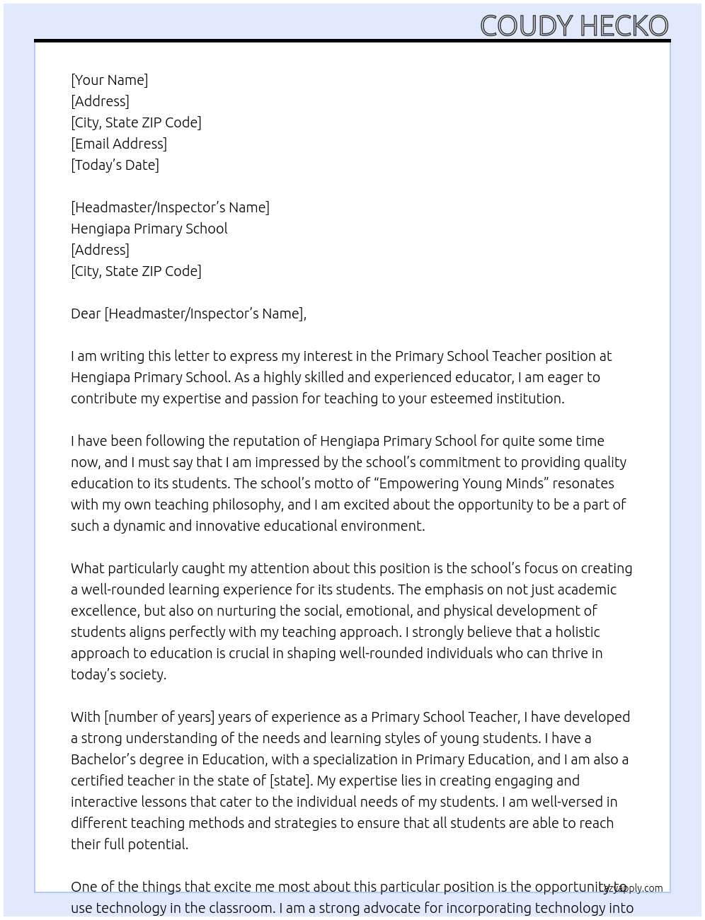Primary School Teacher At A teaching Position at Hengiapa Primary School Cover Letter