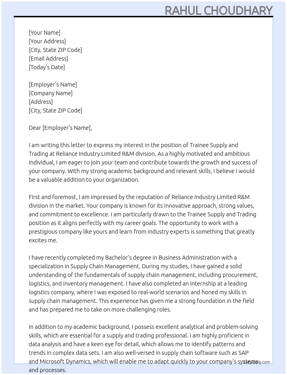 Trainee Supply and Trading At Reliance Industry Limited R&M division Cover Letter