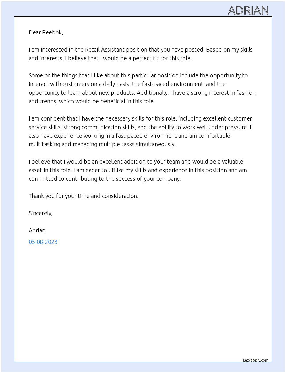 Retail Assistant At Reebok  Cover Letter
