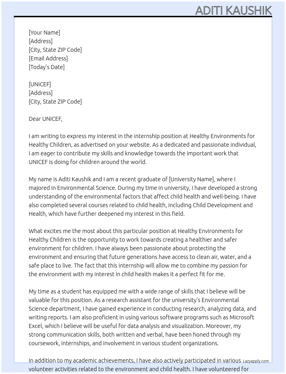 INTERN At Healthy Environments for Healthy Children Cover Letter