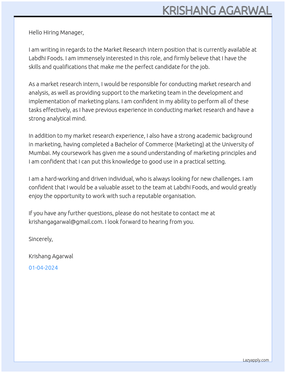 Market Research Intern At Labdhi Foods Cover Letter