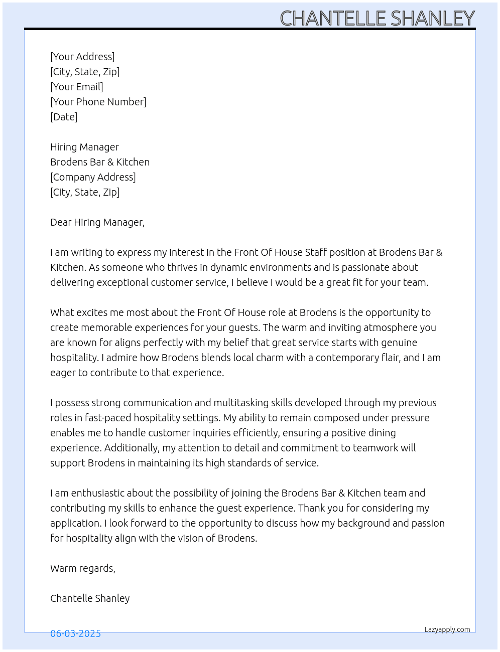 Front Of House Staff At Brodens Bar & Kitchen Cover Letter