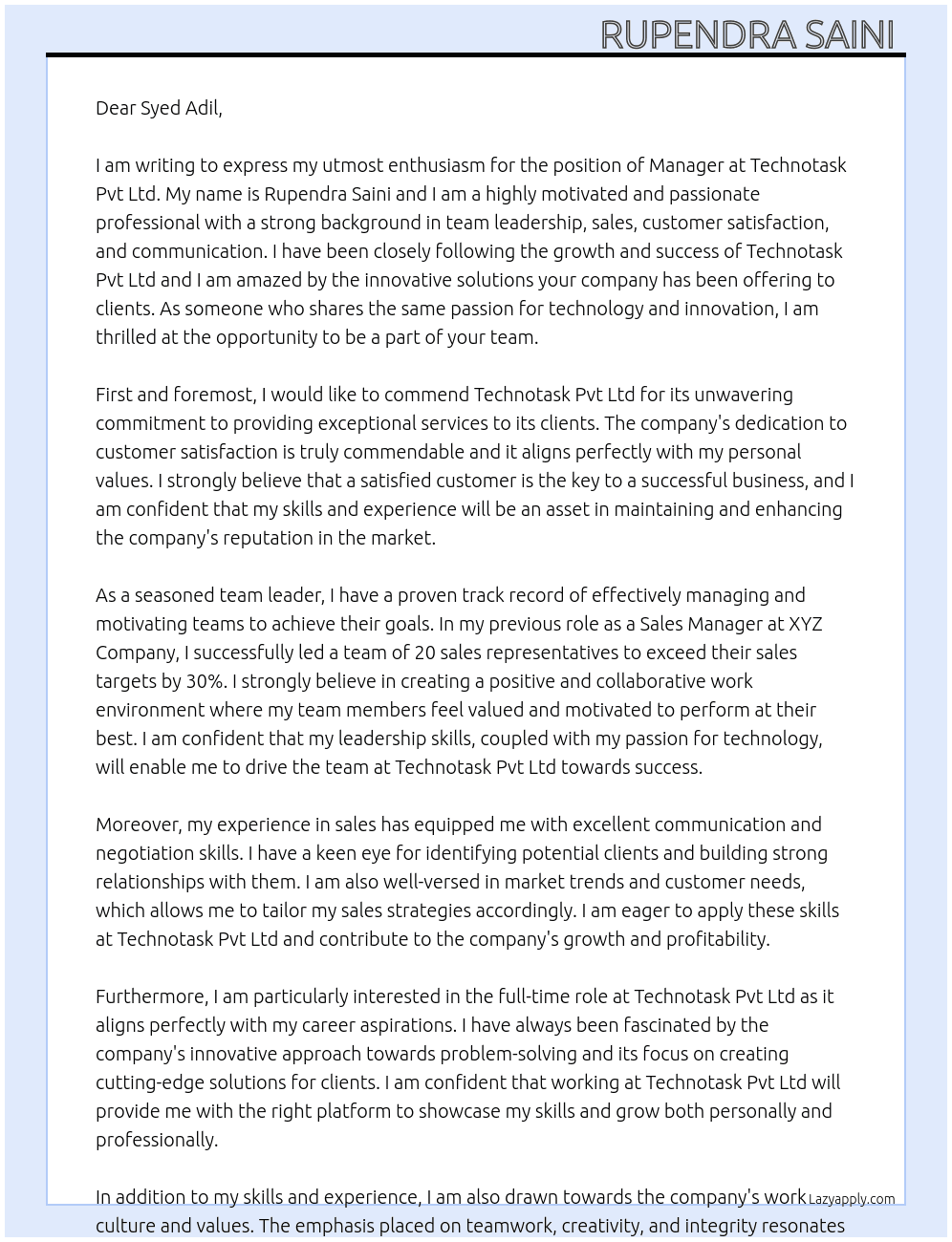 Manager At Technotask pvt ltd Cover Letter