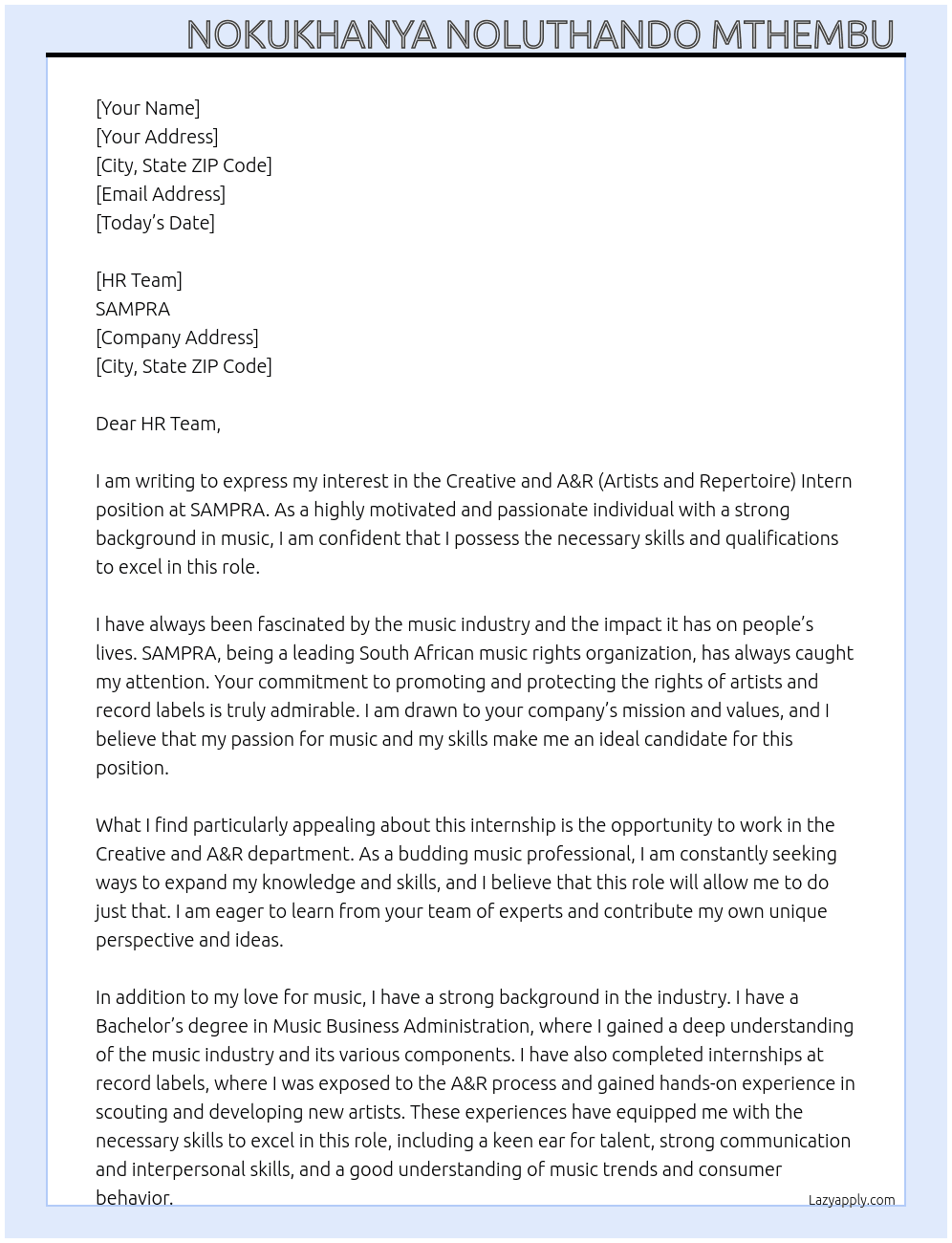 Creative and A&R (Artists and Repertoire) Intern At SAMPRA Cover Letter