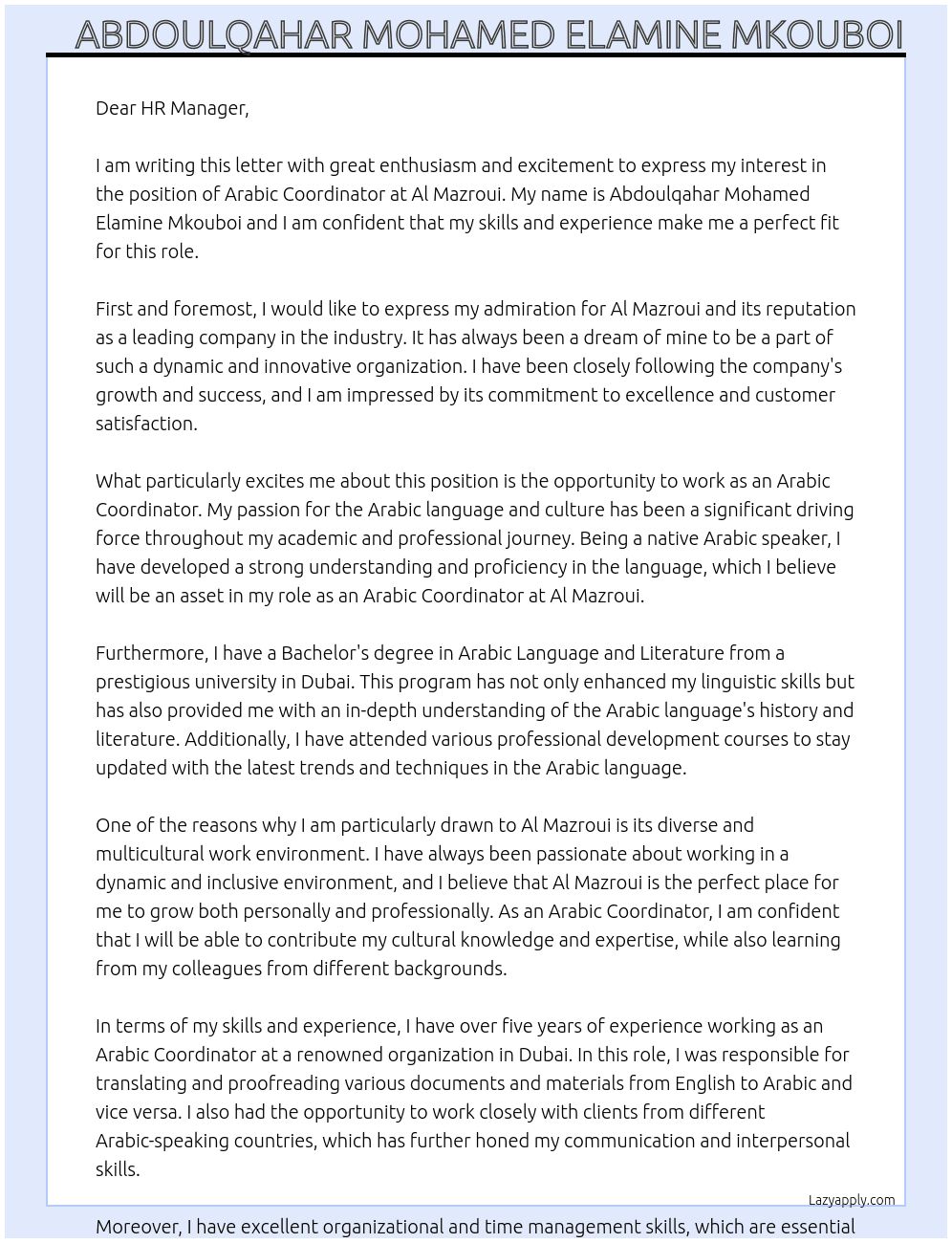 Arabic Coordinator At Al Mazroui Cover Letter