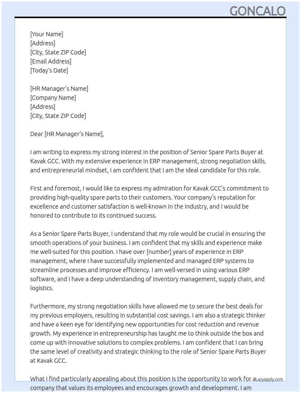 Senior spare parts buyer At Kavak GCC Cover Letter