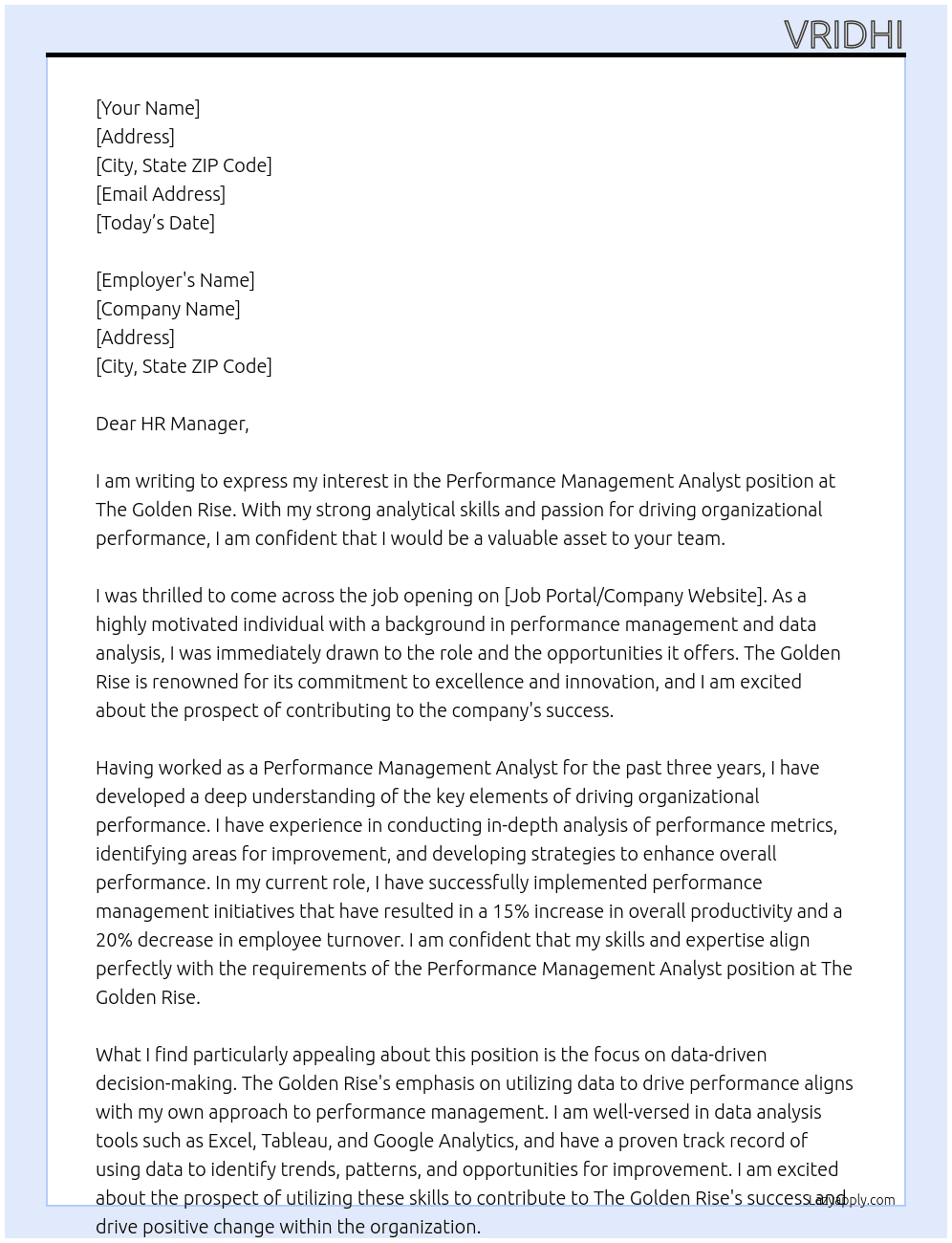 Performance Management Analyst At The Golden Rise Cover Letter