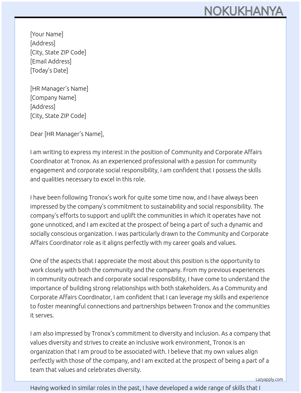 Community and Corporate Affairs Coordinator  At Tronox Cover Letter