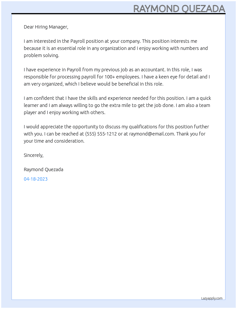 Payroll At your company Cover Letter