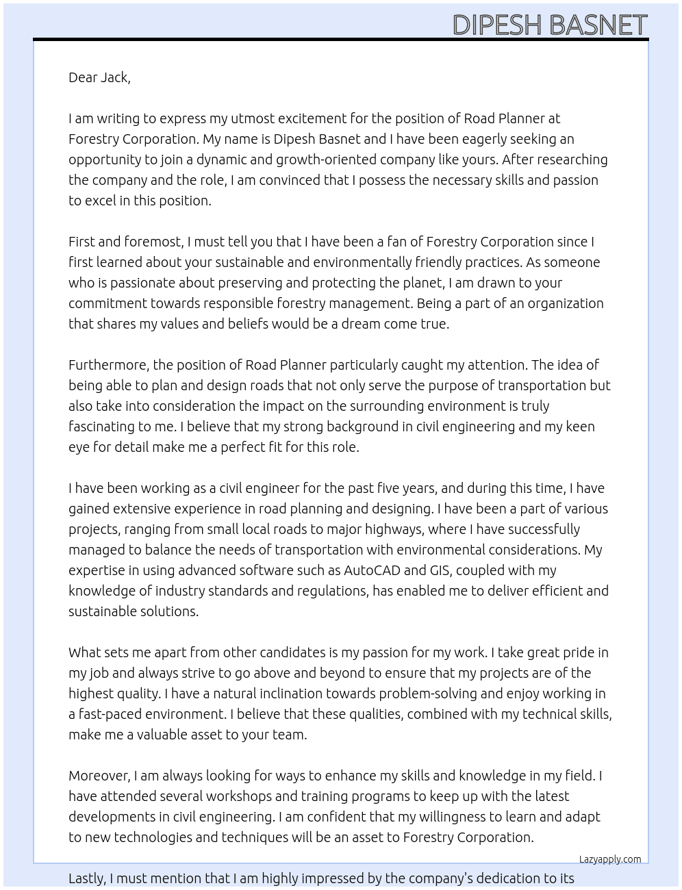 Road Planner At Forestry Corporation Cover Letter