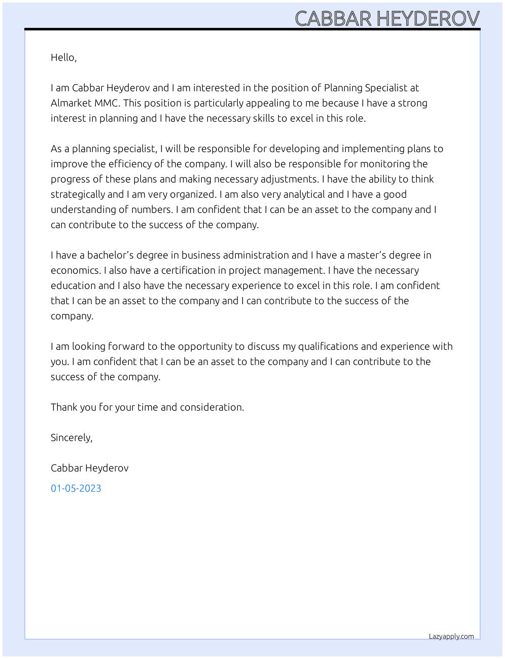 Planning specialist At Almarket MMC Cover Letter